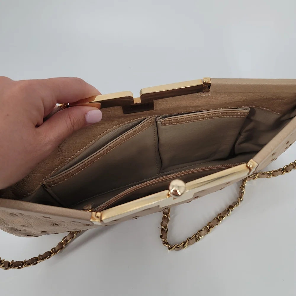 ALIEL Beige Ostrich Leather Flat Clutch Handbag NEW Made in Italy Gold